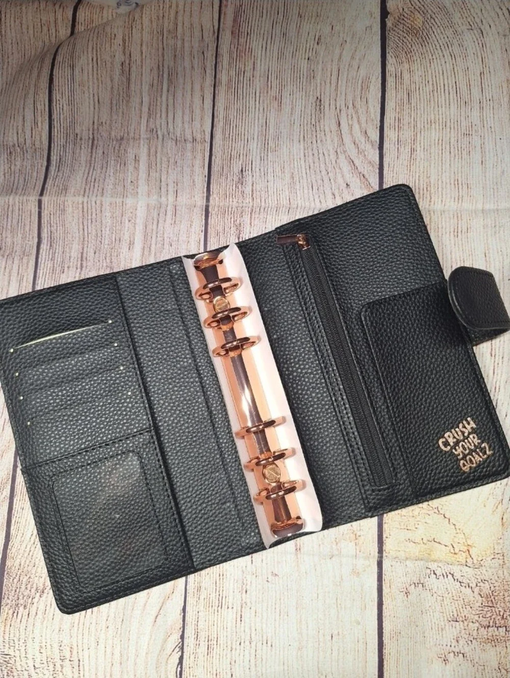 Black A6 Cash Wallet with Rose Gold Rings, Navy Cash Wallet, A6 Budget Binder